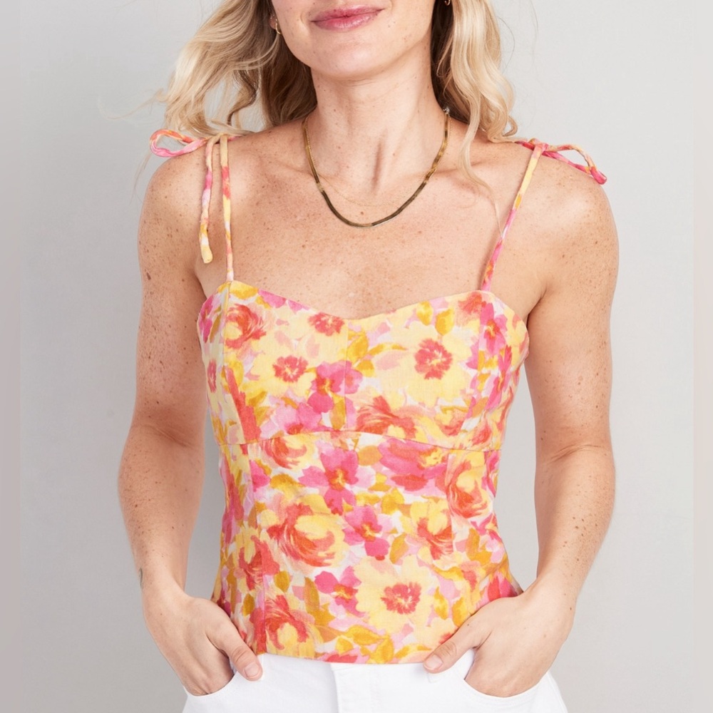 Old Navy Women's Fitted Linen-Blend Crop Top Pink Floral Smocked Back Size L